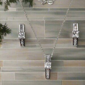 Sterling Silver CZ Bar Design Pendant Necklace & Earrings set